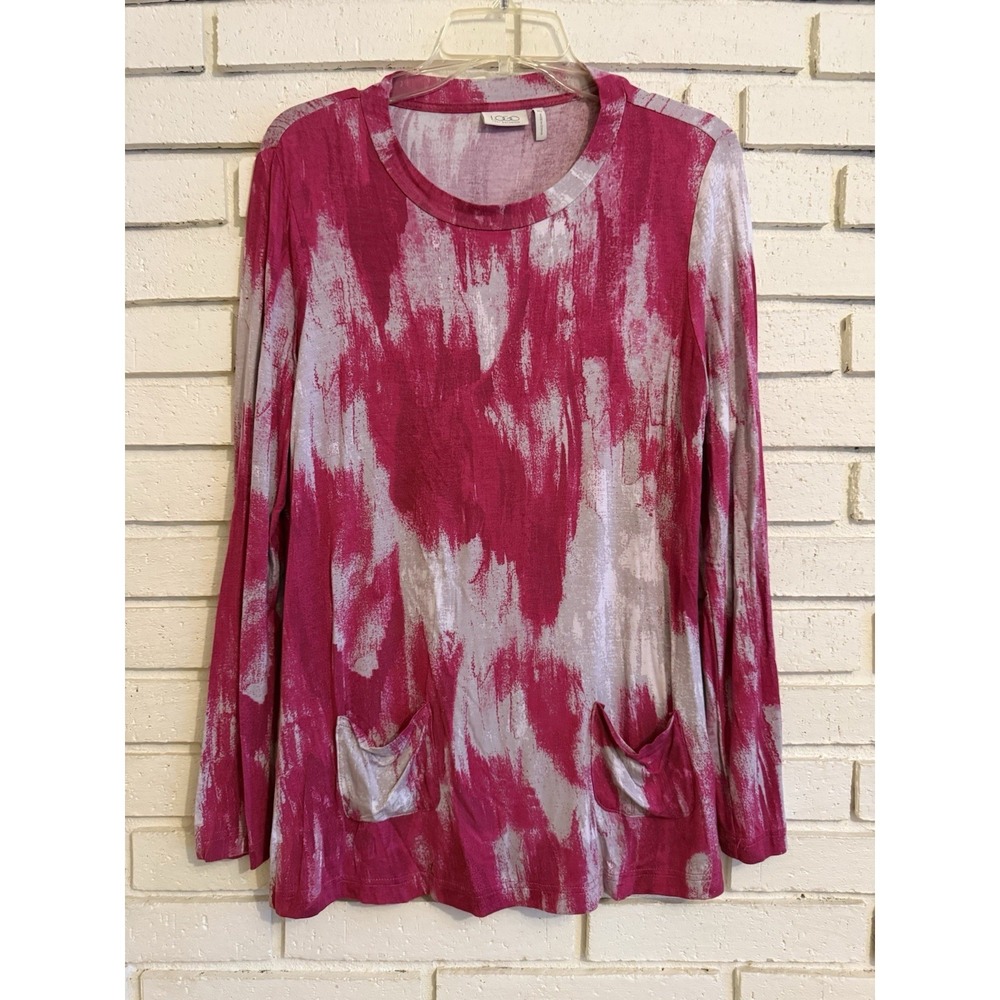LOGO by Lori Goldstein Crew Neck Printed Top with Pockets Pink Size XS
